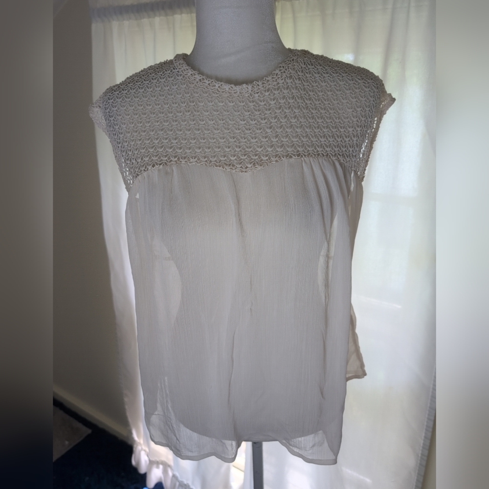 Maurices Blouse Women's Top L Cream Textured Crochet Yoke Sheer Lightweight Body